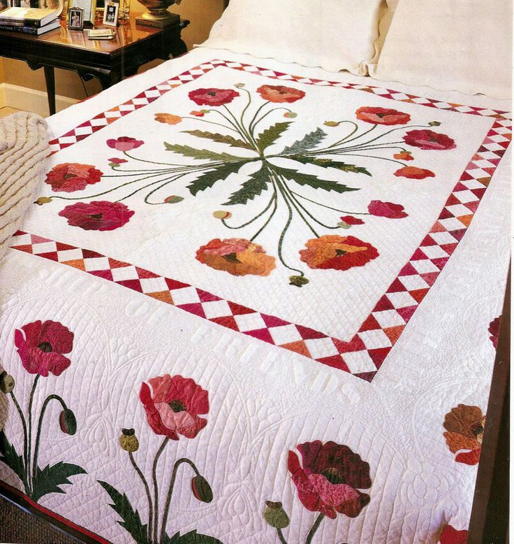 FRIENDSHIP POPPY GARDEN APPLIQUE BLOCK QUILT VINTAGE QUILT 
